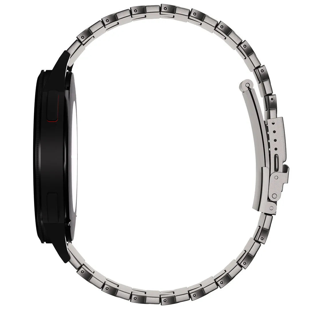 Butterfly Titanium Strap, graphite, on a watch, direct front view
