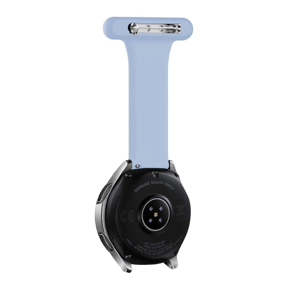 Silicone Nurse Fob, light blue, on a watch, direct rear view