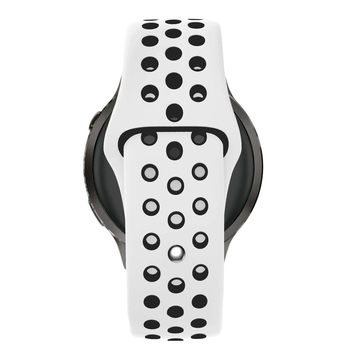 Silicone Sport Strap 'Deluxe', white/black, on a watch, direct rear view