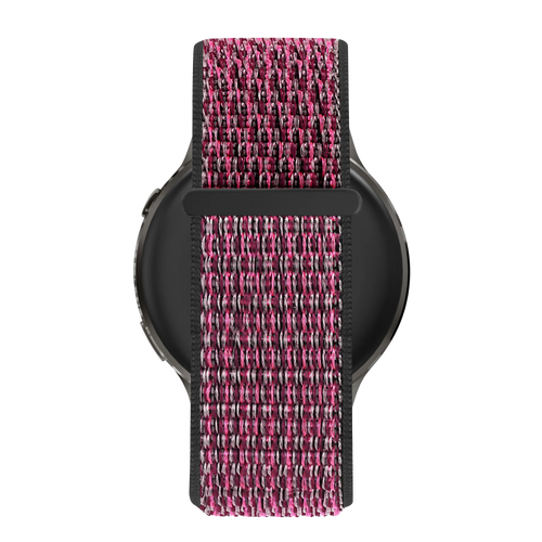 Nylon Loop Strap, berry, on a watch, direct rear view
