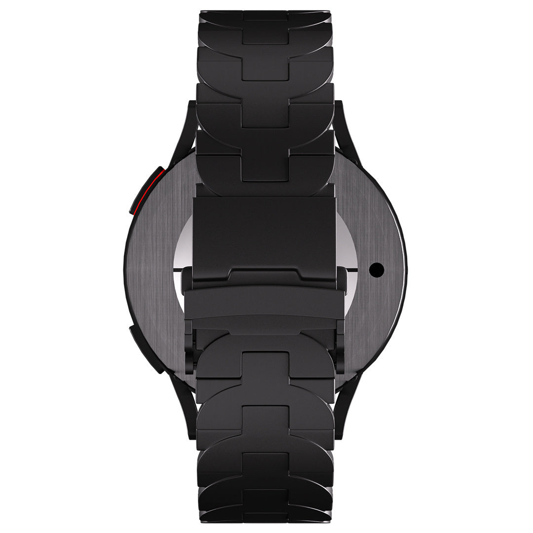 Butterfly Titanium Strap, black, on a watch, direct rear view