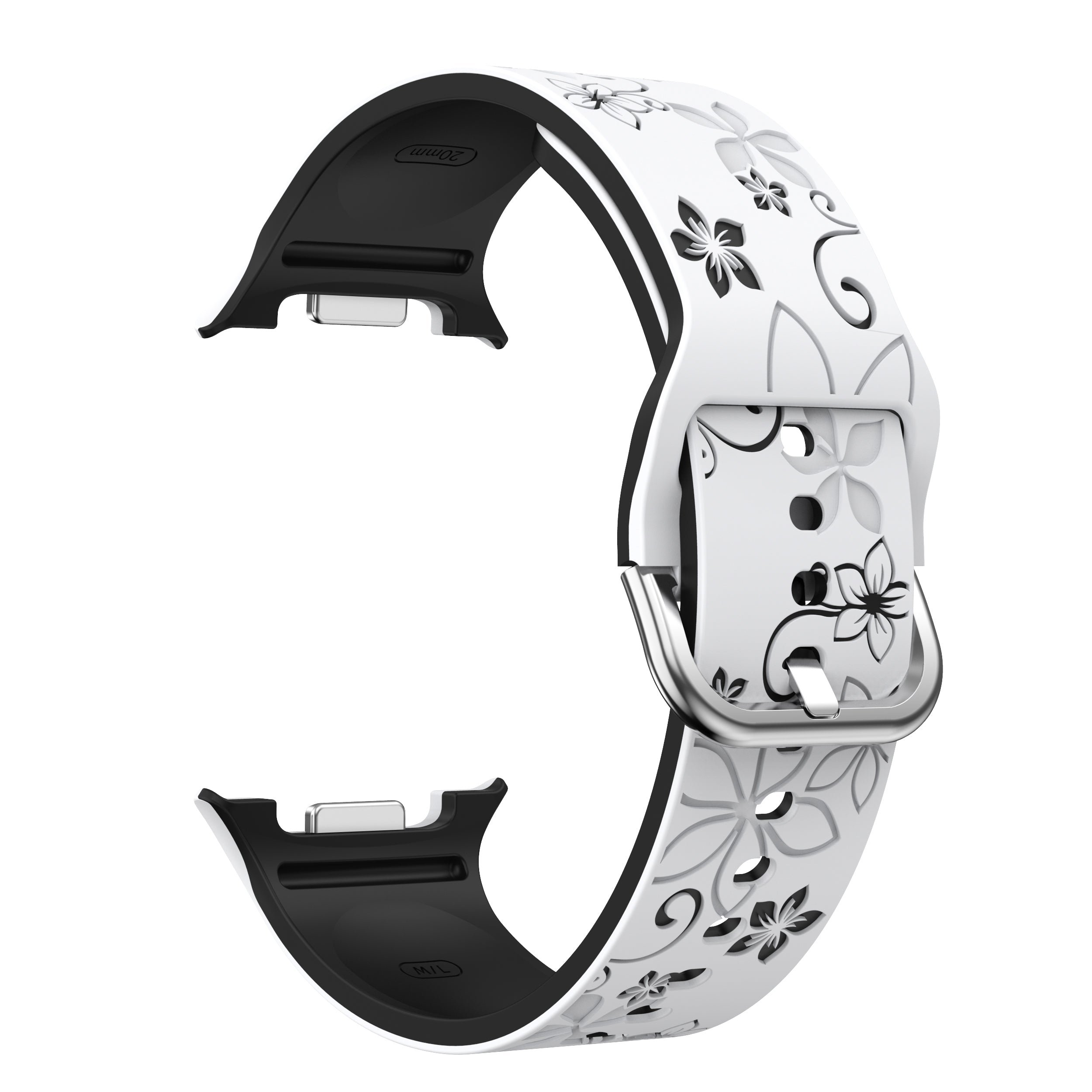 Samsung Galaxy Watch 8 - 44mm Silikonarmband mit Blumenmuster (Weiß/Schwarz)
