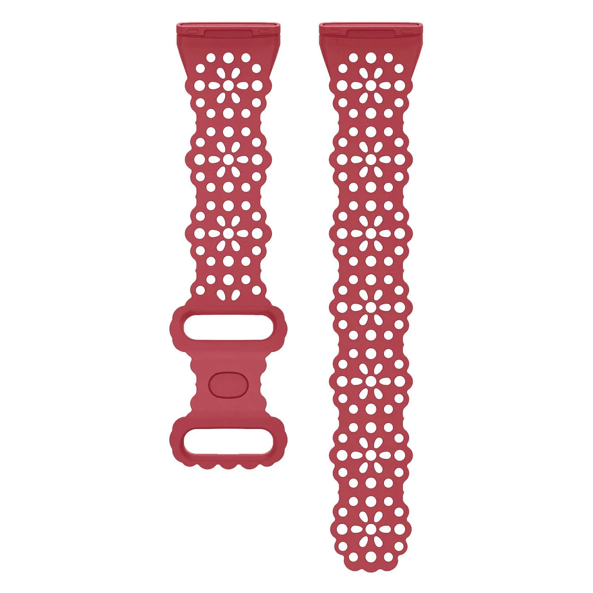 Patterned Silicone Strap, red, laid flat, separate parts, direct top view