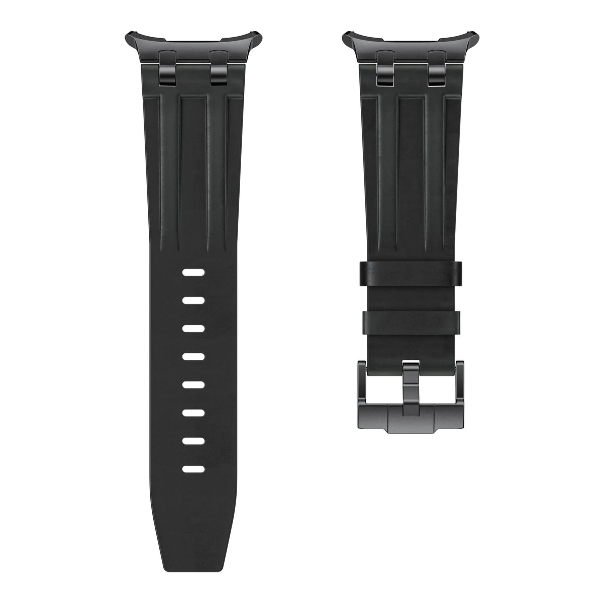 Solid Leather Strap, black, laid flat, separate parts, direct top view