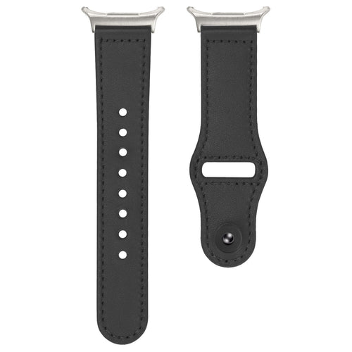 Leather Strap with Snap Closure, black, laid flat, separate parts, direct top view