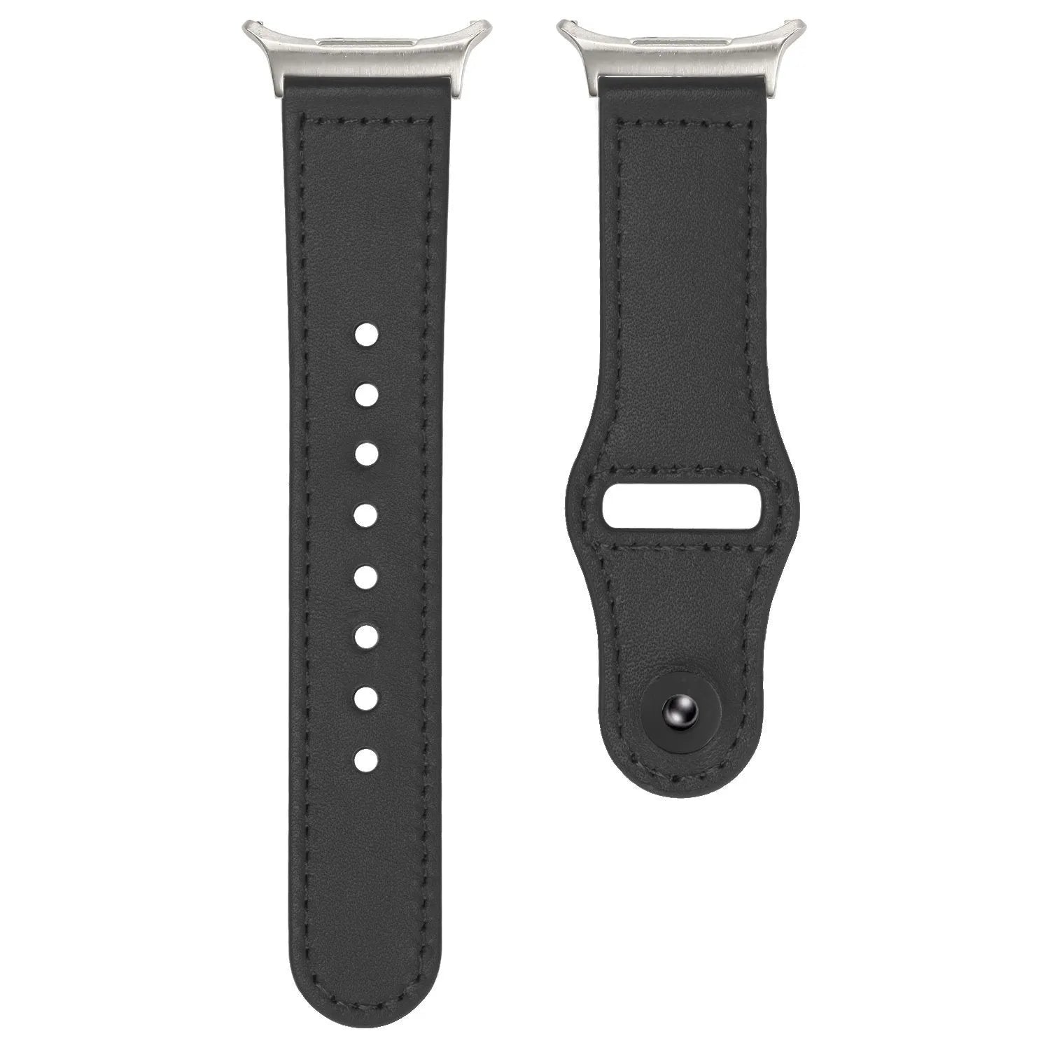 Leather Strap with Snap Closure, black, laid flat, separate parts, direct top view