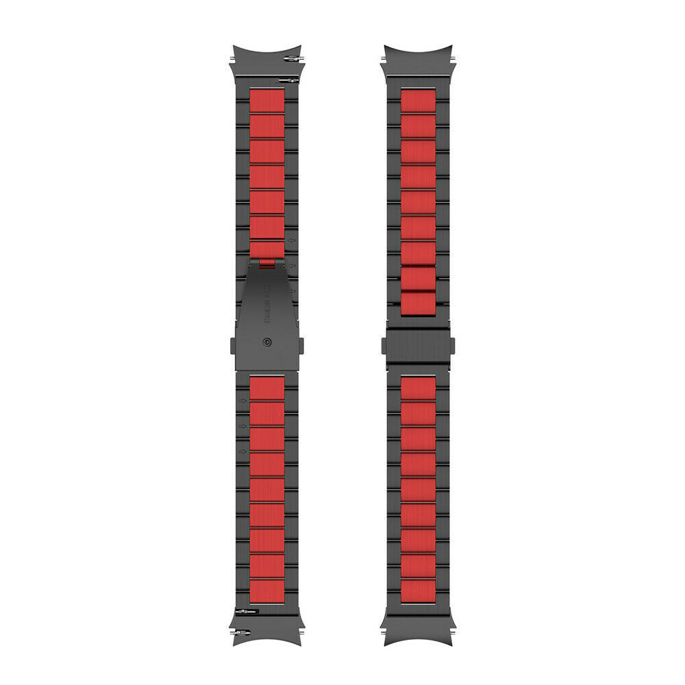 Steel Strap, black/red, laid flat, separate parts, direct top view