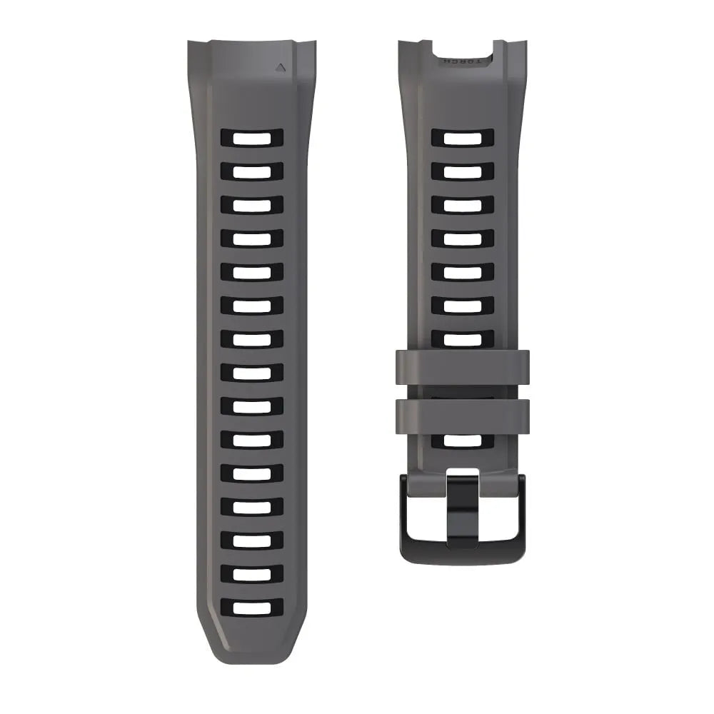 Silicone Sport Strap, dark grey/black, laid flat, separate parts, direct top view