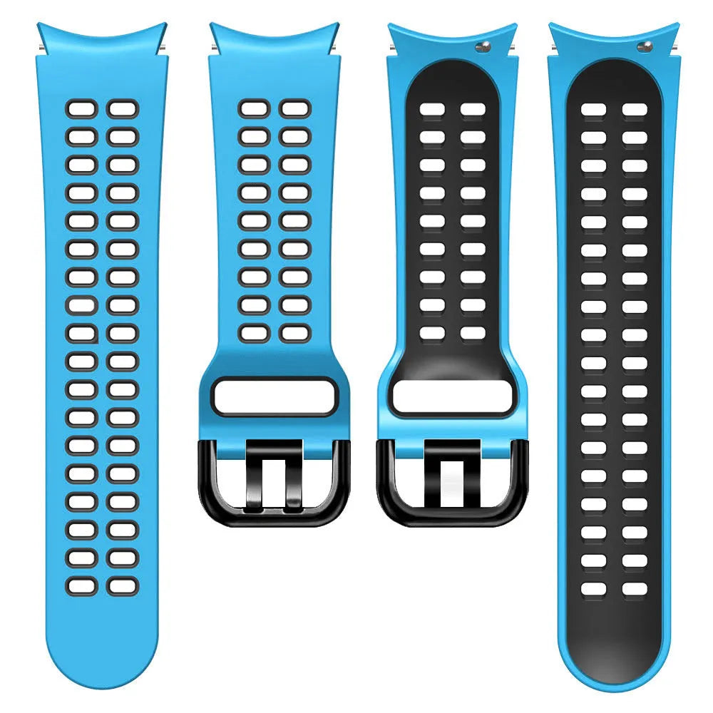 Silicone Squared Sport Strap, light blue/black, laid flat, separate parts, direct top view