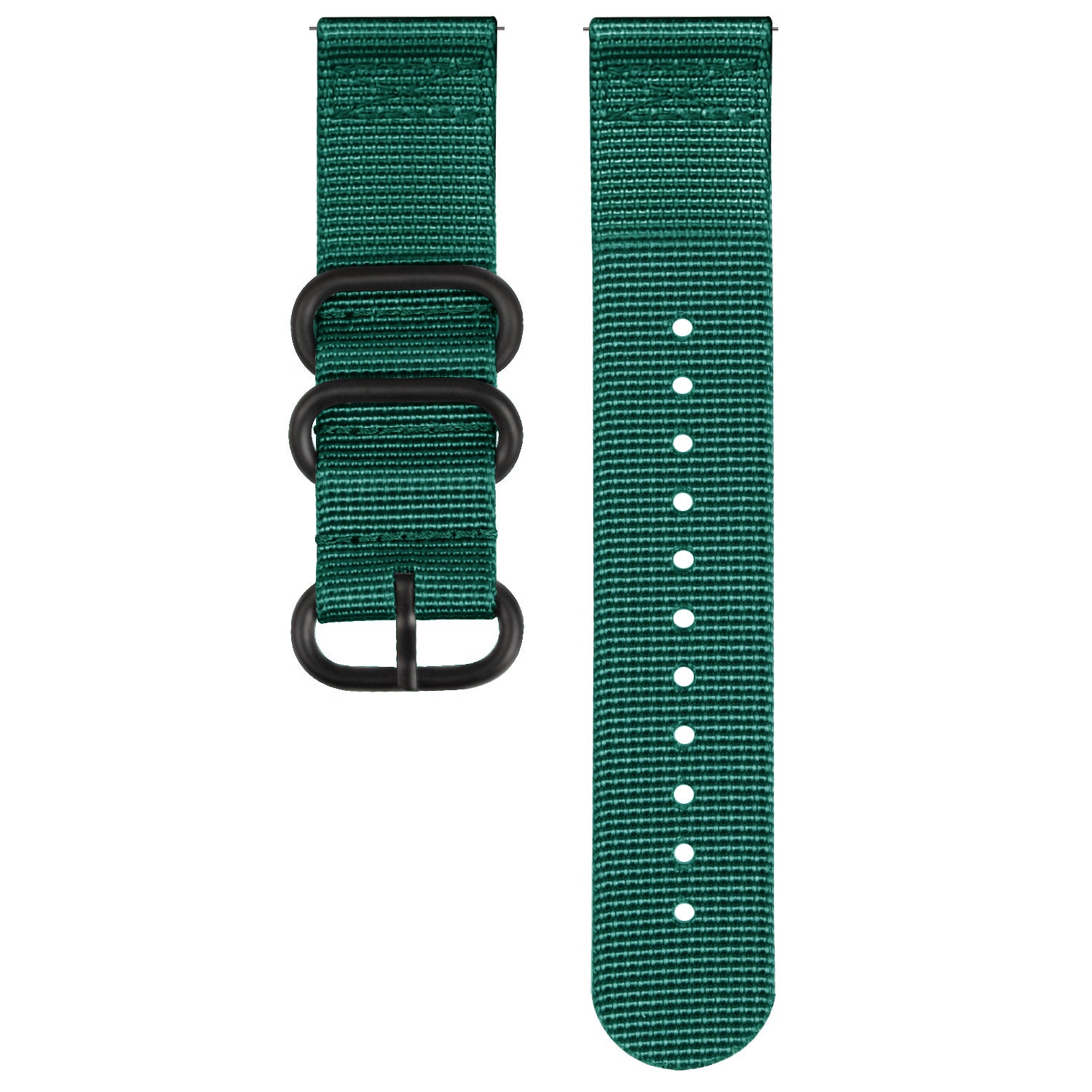 Nylon Buckle Strap, dark green, laid flat, separate parts, direct top view