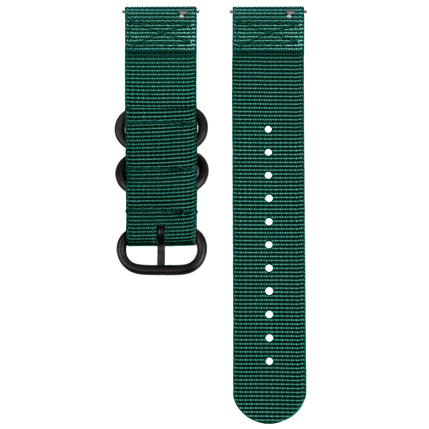 Nylon Buckle Strap, dark green, laid flat, separate parts, direct top view
