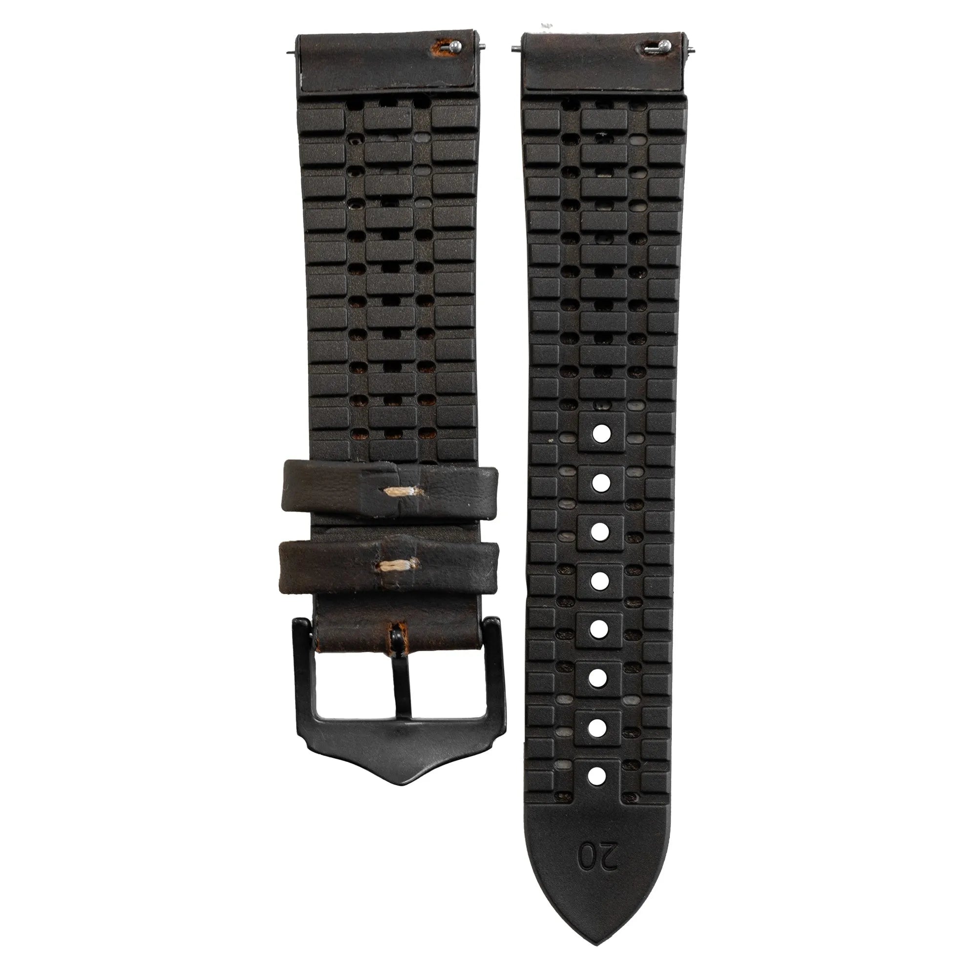 Leather Hybrid Strap, black/brown, laid flat, separate parts, direct top view