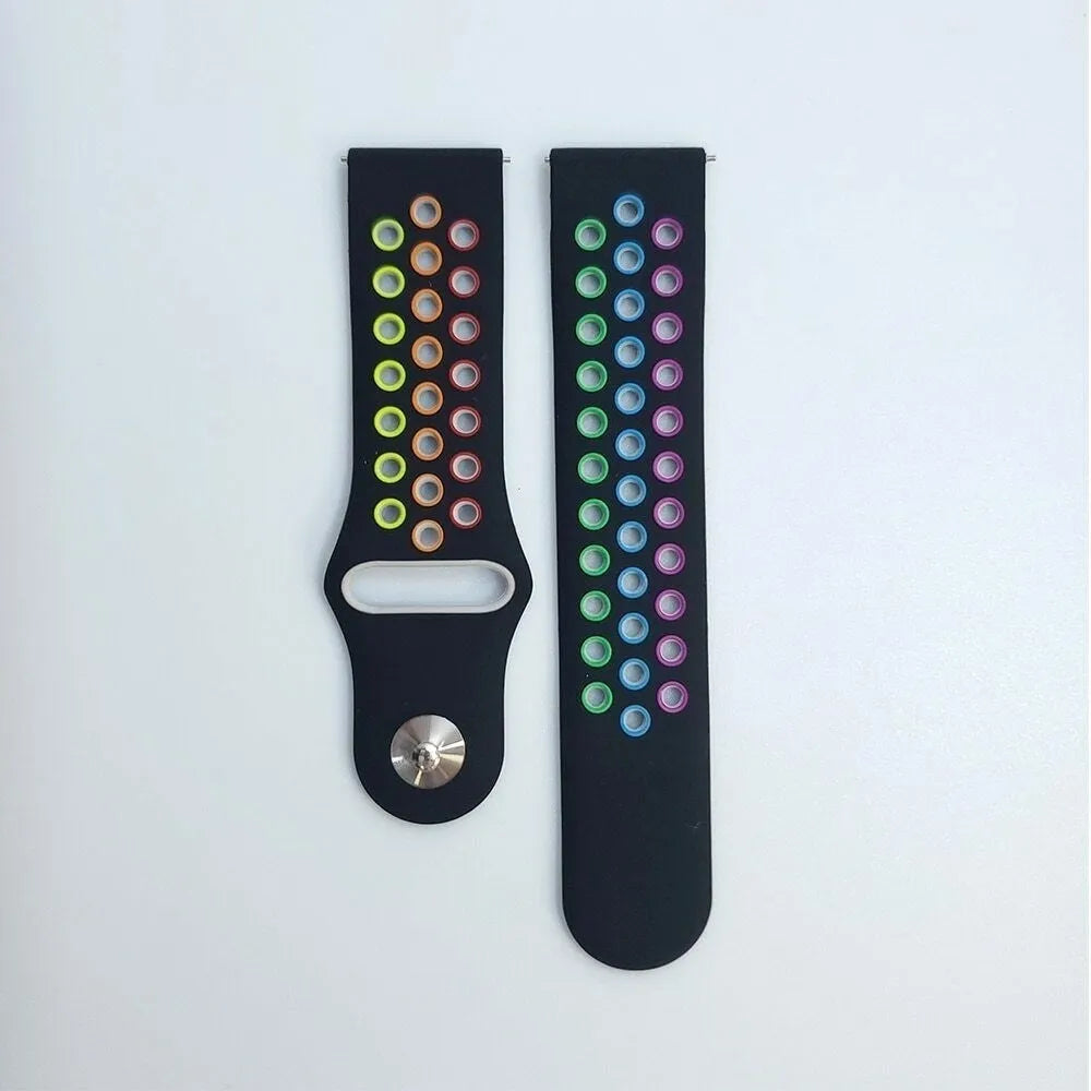 Silicone Sport Strap, black/colourful, laid flat, separate parts, direct top view