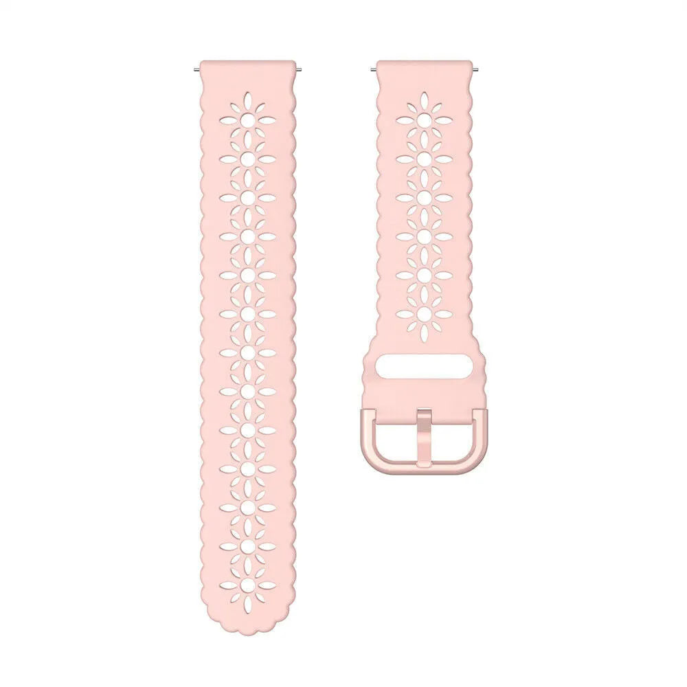Patterned Silicone Strap, pink, laid flat, separate parts, direct top view