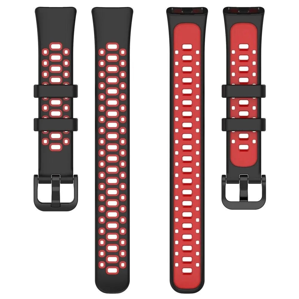 Silicone Sport Strap, black/red, laid flat, separate parts, direct top view