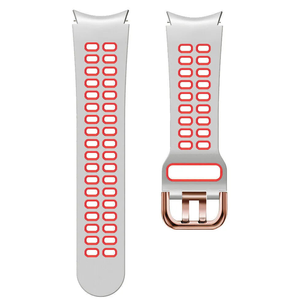 Silicone Squared Sport Strap, white/red, laid flat, separate parts, direct top view