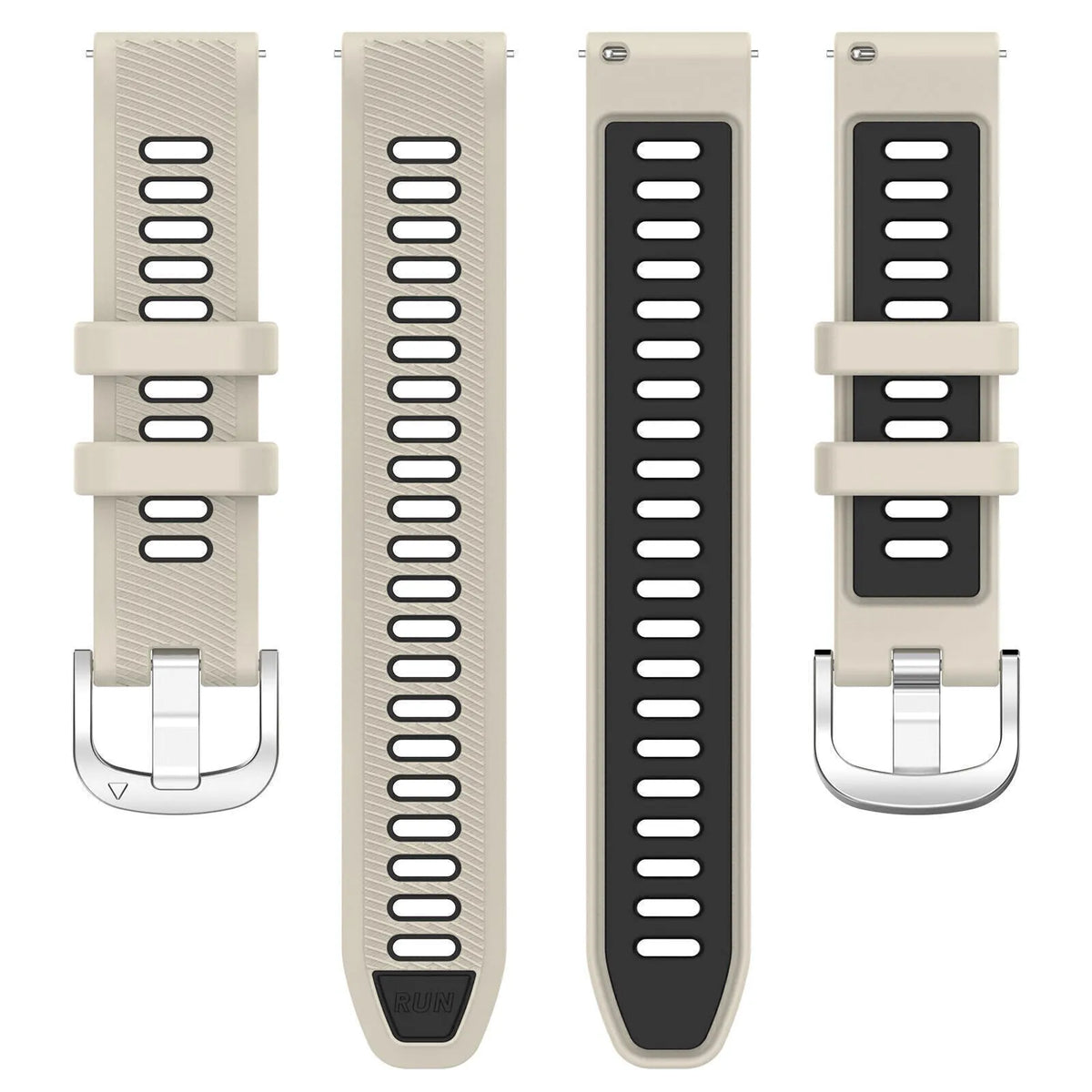 Silicone Buckled Sport Strap, beige/black, laid flat, separate parts, direct top view
