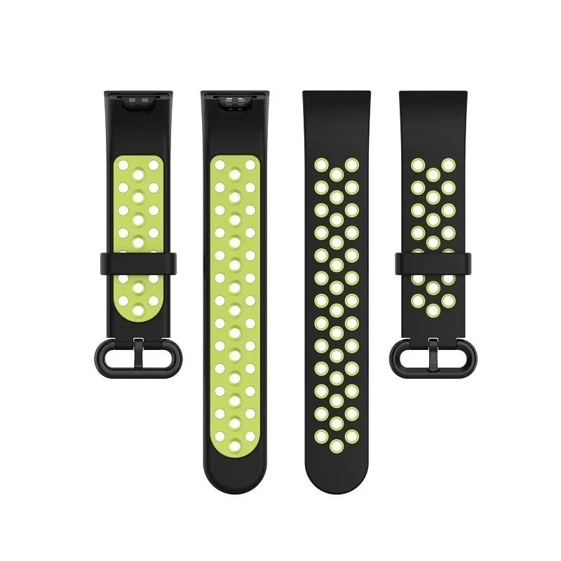 Silicone Sport Strap, black/green, laid flat, separate parts, direct top view