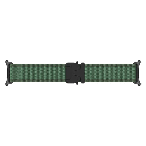 Outdoor Nylon Strap with P-Buckle, green with black, laid flat, joined, direct top view