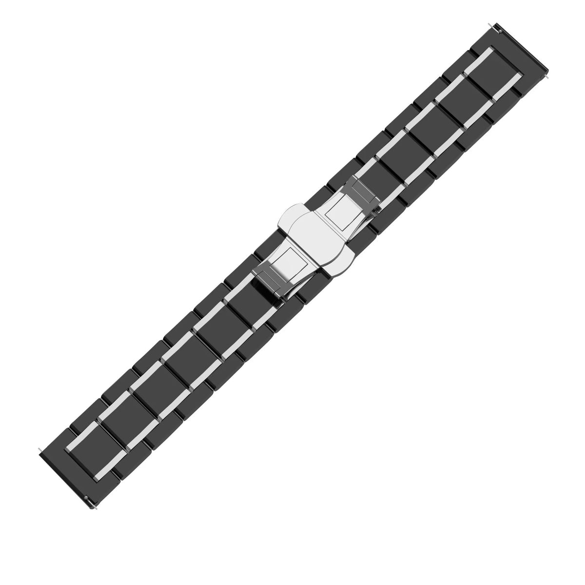 Metal Ceramic Link Strap, black/silver, laid flat, joined, direct top view