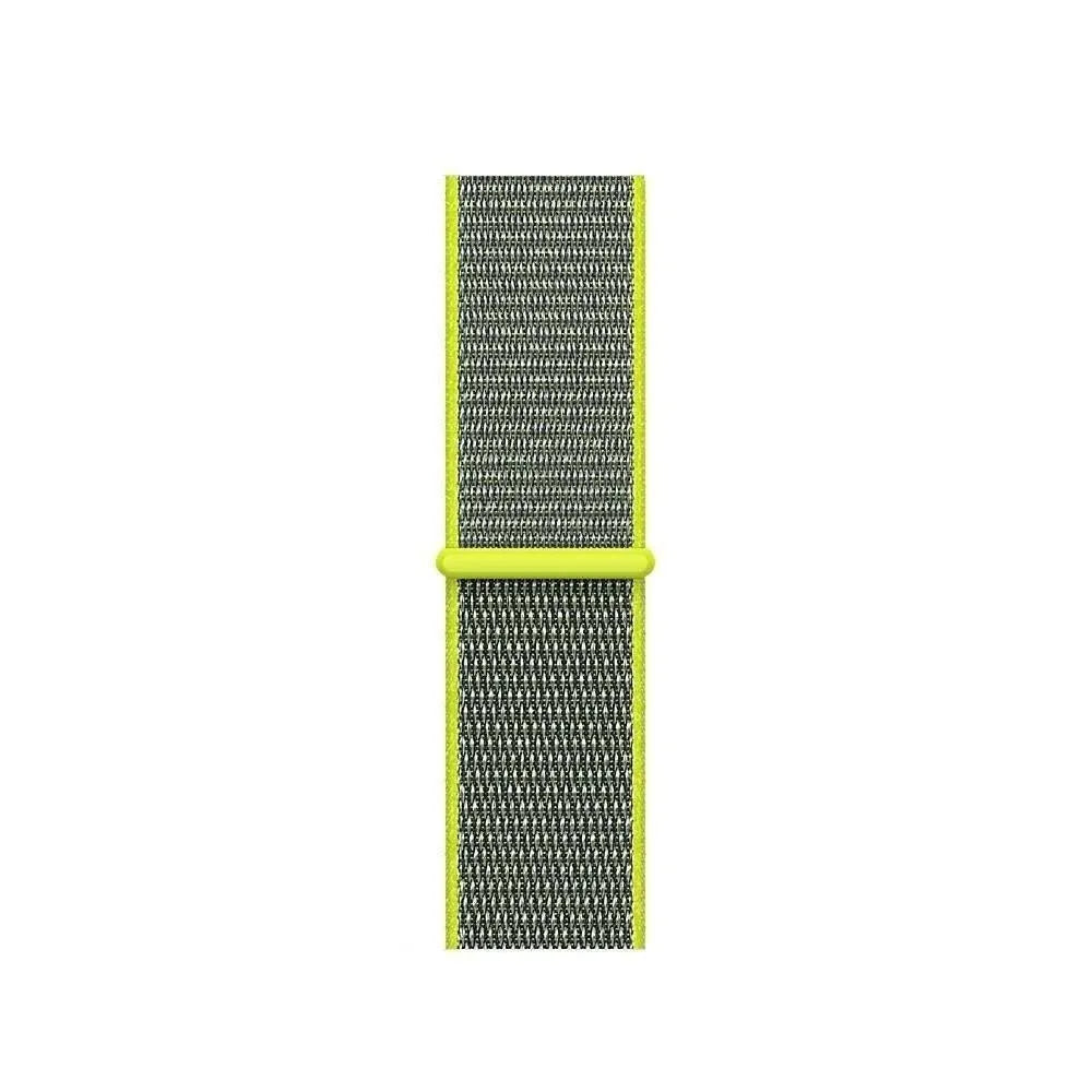 Nylon Strap, yellow/green, laid flat, joined, direct top view