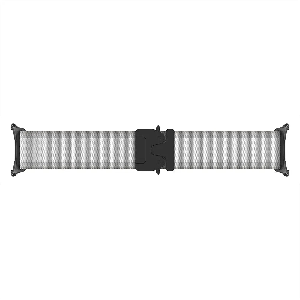 Outdoor Nylon Strap with P-Buckle, white with black, laid flat, joined, direct top view