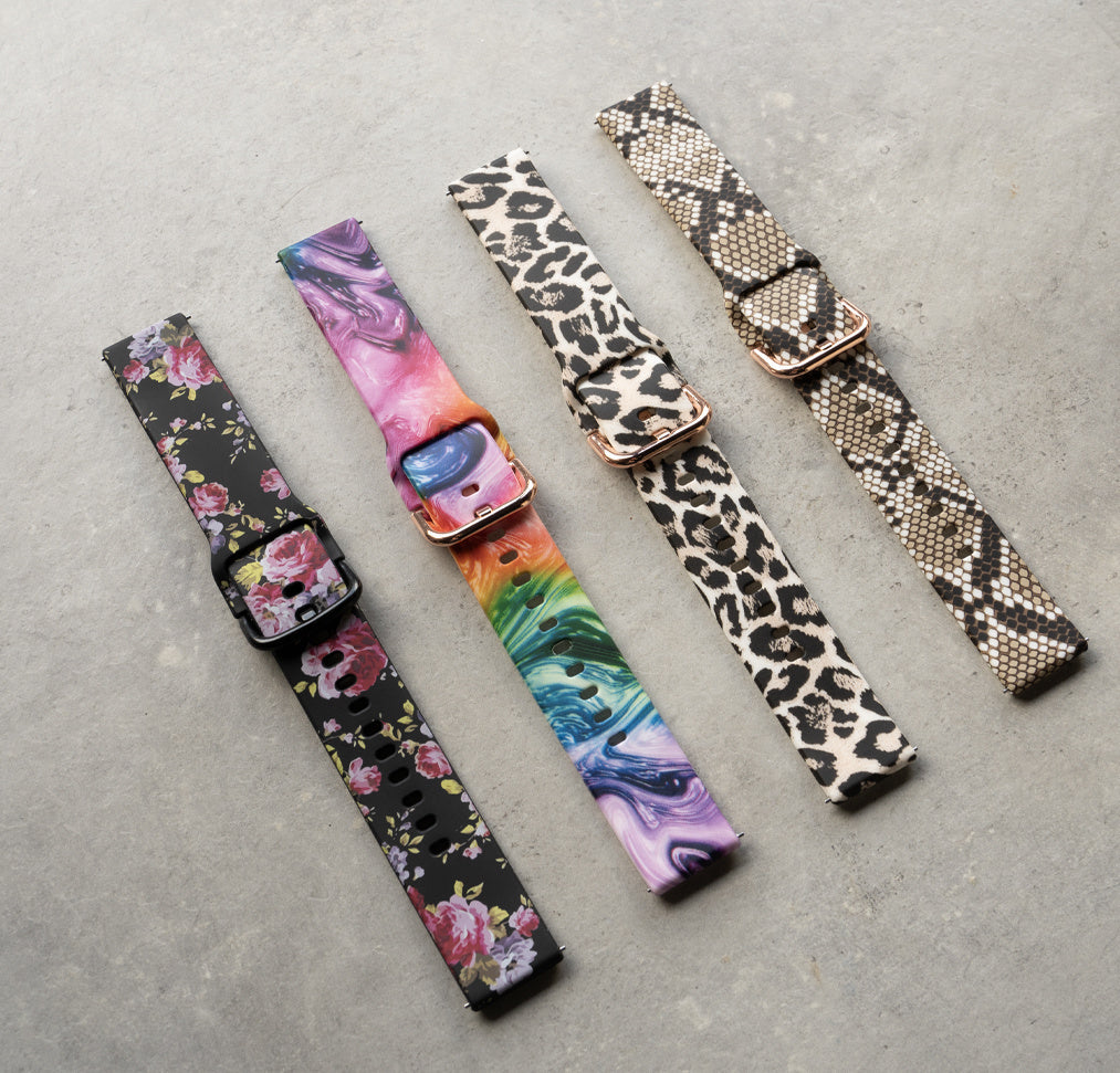 Print Silicone Strap, laid flat, separate parts, top and underside view
