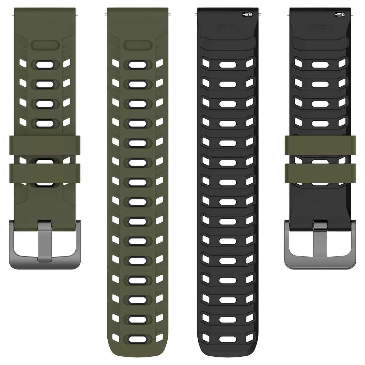 Silicone Mecha Sport Strap, laid flat, separate parts, top and underside view