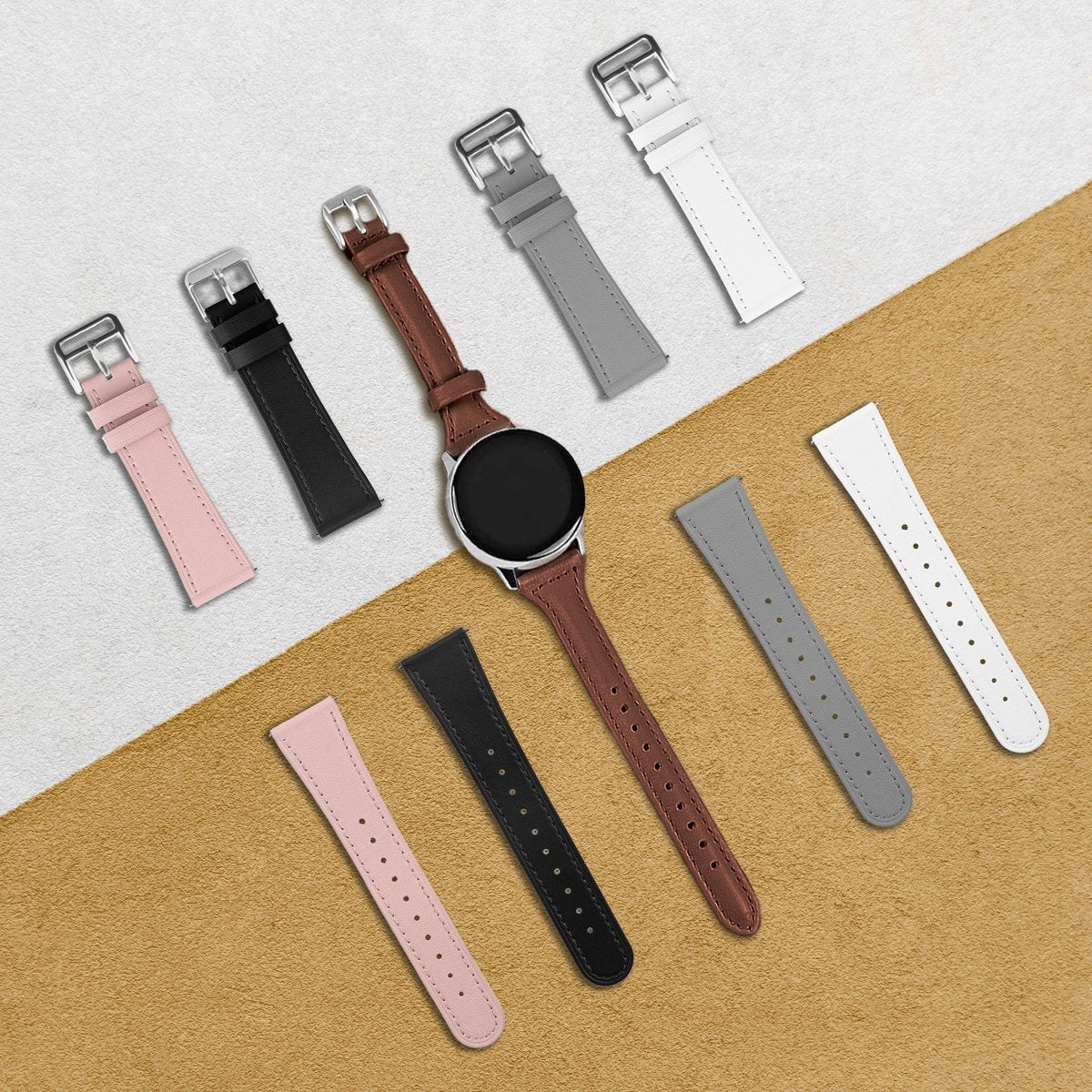 Modern Leather Strap, laid flat, separate parts, top and underside view