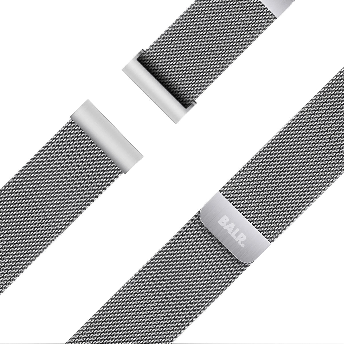 Milanese Strap, silver, laid flat, joined, 45° top view