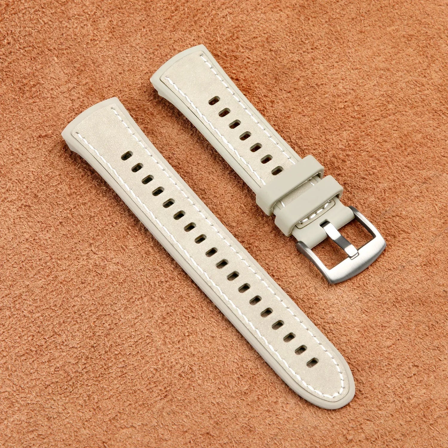 Silicone Leather Hybrid Strap 'Perfect Fit', beige, laid flat, joined, 45° top view