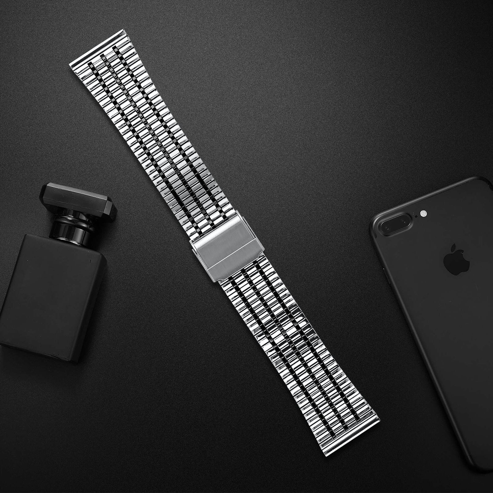 Fine Steel Strap, silver/black, laid flat, joined, 45° top view