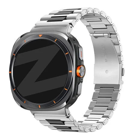 Bandz Samsung Galaxy Watch Ultra stalen schakel band 'Deluxe' (zilver/zwart)