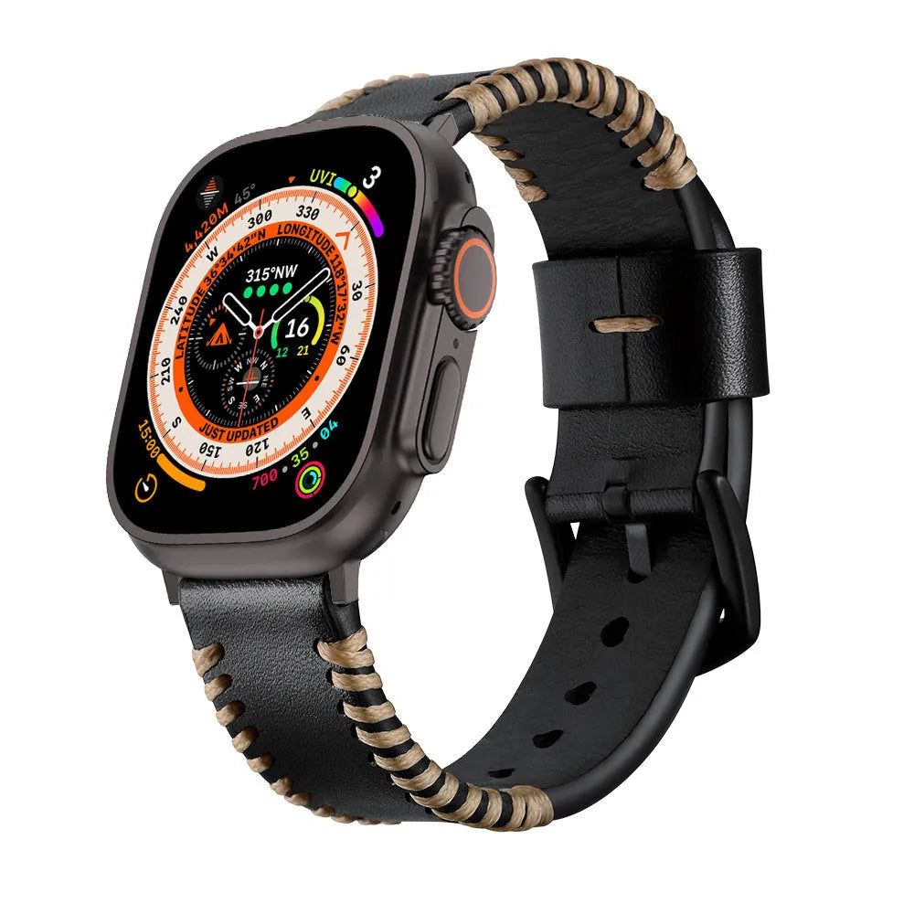 Bracelet en cuir cousu Apple Watch (noir)
