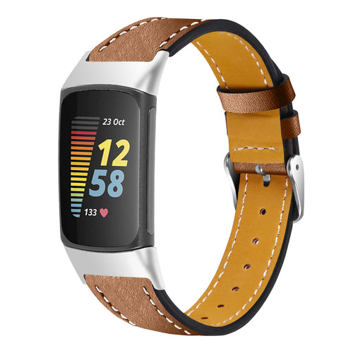 Fitbit Charge 6 modern leren bandje (bruin)