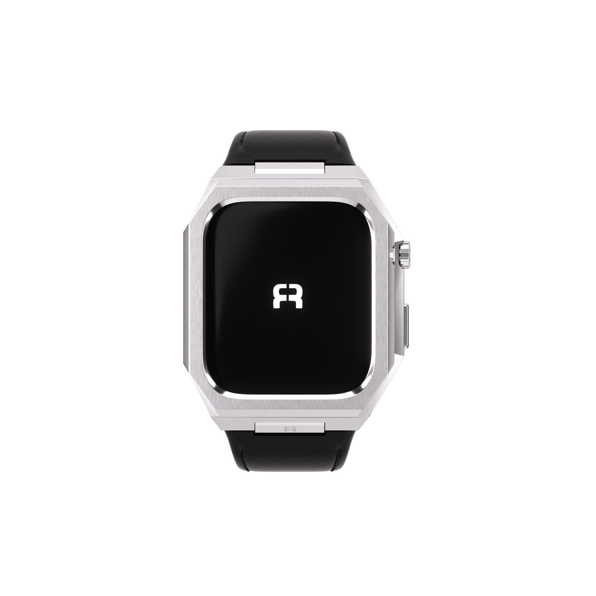 Reqior Apple Watch 45mm Metal Case with Leather Strap (Silver/Black)