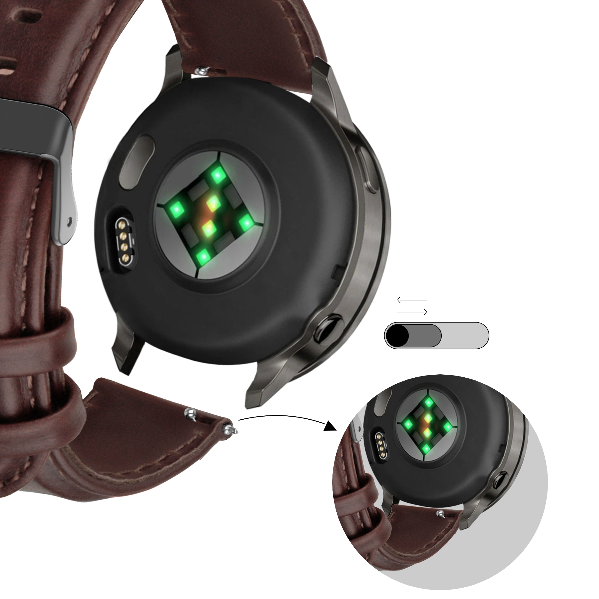 Bandz Garmin Vivoactive 4 Leather Strap 'Classic' (Dark Brown)