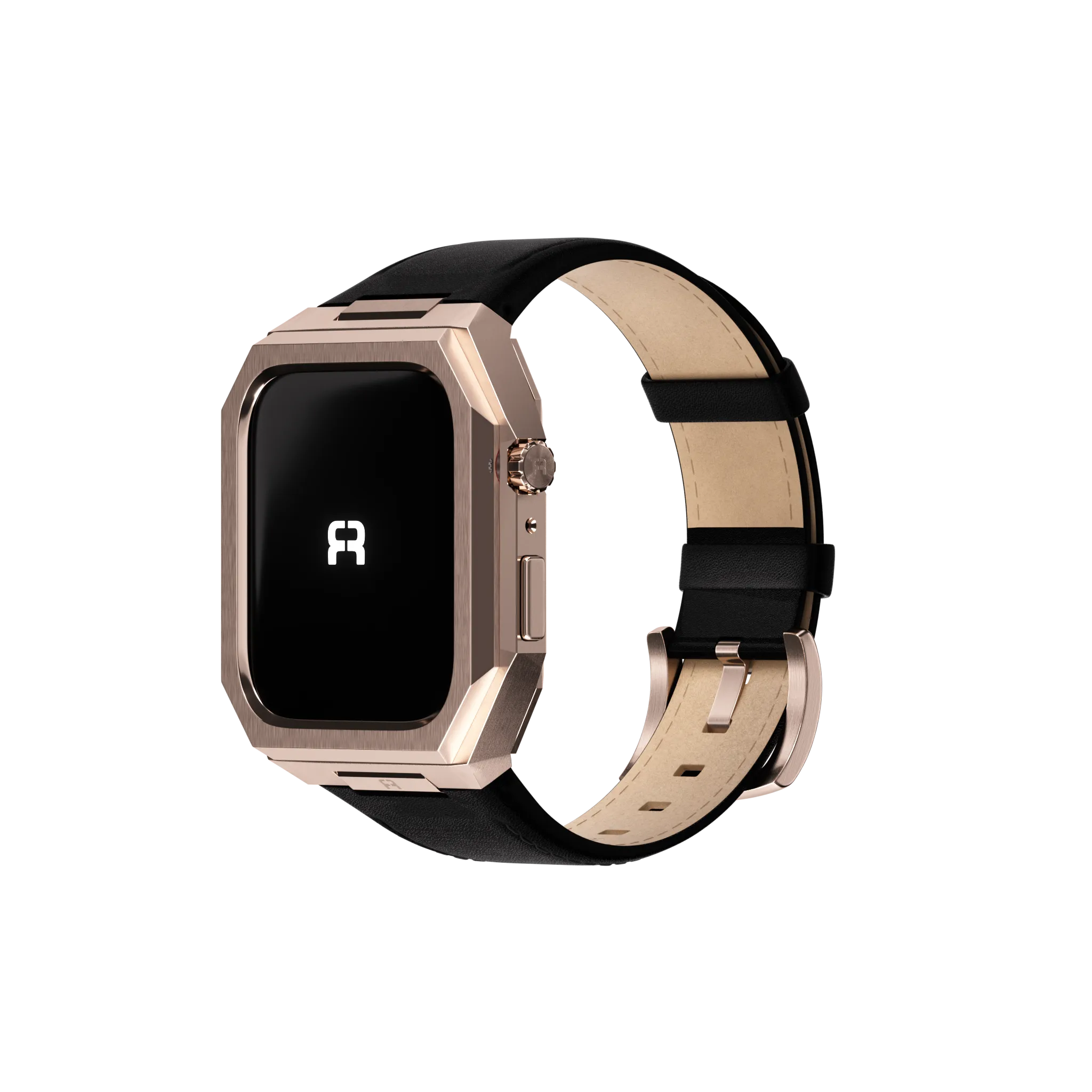 Reqior Apple Watch 45mm metalen case met leren band (roségoud/zwart)