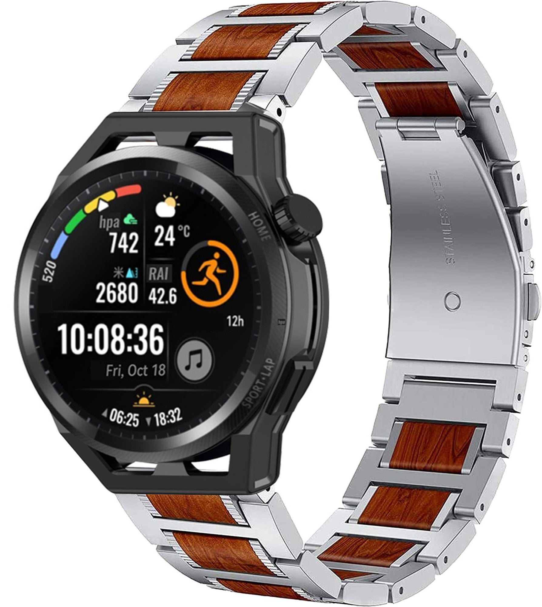 huawei-watch-gt-runner-stalen-houten-band-zilver